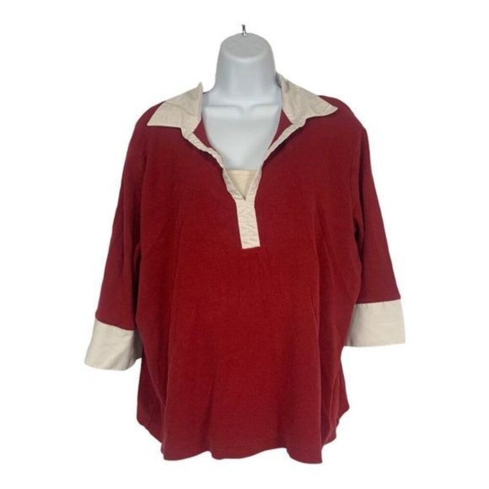 CJ Banks Red & Cream 3/4 Sleeve Henley Top Plus Size 2X Cotton Blend
